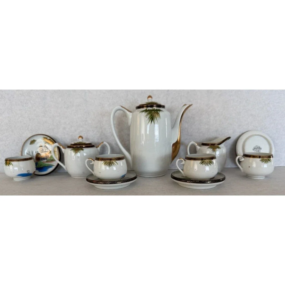 Kutani Lithophane Tea Set, Geisha Demitasse Cups